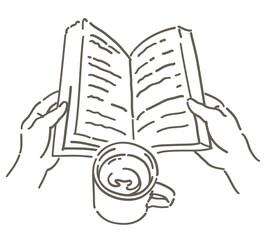 本を持つ手と、コーヒーのイラスト。ベクターイラスト素材。