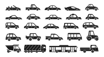 Car hand drawn style set. Silhouette and linear cute different shape transport pickup, bus tractor truck collection. Simple icon car illustration for children textile cloth, poster vector illustration