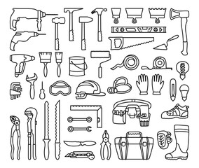 Building tools construction equipment cartoon simple icon set. Hardware for repair works construction industry collection. Symbol tools for home repairs tool box kit mechanic plumber isolated vector