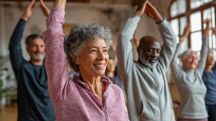 Active Senior Citizens Group Yoga Class Exercise Fitness Healthy Lifestyle Wellbeing Stretching Arms Upwards Healthy Aging Mature Adults body mind care calm sports spirit energy   