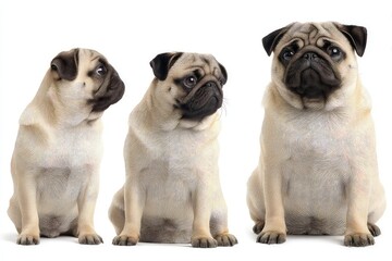 Fototapeta premium Collection of pug dog in playful poses, lying positions highlighting expressions and charming personality isolated on white background