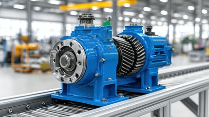 Blue industrial gear pump is situated on a metal conveyor belt in a factory setting.  The image displays detailed components and the precise engineering of the pump.