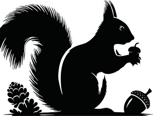 Silhouette of a squirrel sitting and holding an acorn, autumn theme, isolated vector on white background