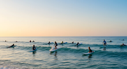 Naklejka premium Sunrise Surf Lesson Group Surfing Session at Dawn