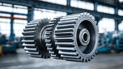 Close-up view of multiple interlocking gears. The gears are metallic and have a detailed design. The image is taken in a manufacturing or industrial environment, with out-of-focus factory background.