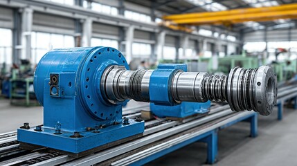 Blue industrial machine component on a conveyor belt.