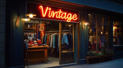 Obraz premium Illuminated vintage store with neon sign invites shoppers in stylish ambiance