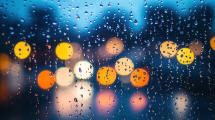 Fototapeta premium Rainy City Lights: A Serene Nightscape Through a Window with Water Droplets