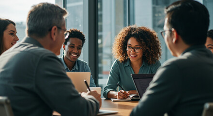 Diverse business team collaborates, engaged in discussion and note-taking during a productive meeting.