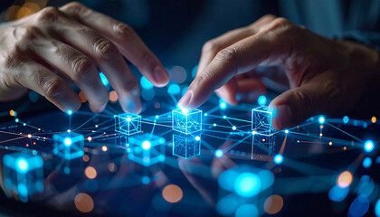 Hands on Technology: Two hands interacting with a complex digital network of interconnected glowing cubes, illustrating concepts of connectivity, data processing, and technological innovation. 