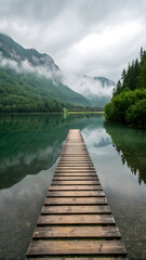 Serene Still Lake with Wooden Steps and Misty Mountains