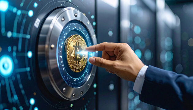 Digital Coin Security: A close-up shot depicts a hand delicately interacting with a glowing Bitcoin, symbolizing secure digital transactions within a high-tech data center environment.
