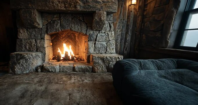 Cozy stone fireplace with flames in rustic room