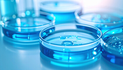 Scientific Petri Dishes: A close-up shot reveals a collection of pristine Petri dishes filled with a vibrant blue liquid, symbolizing scientific research and discovery.