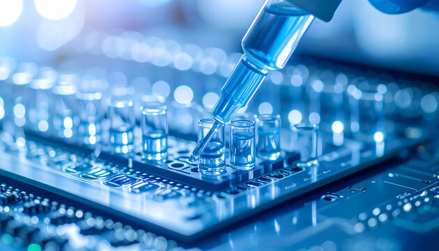 Semiconductor Innovation: A gloved hand uses a micro pipette to precisely apply a chemical compound to a semiconductor chip, symbolizing cutting-edge research and development in technology.