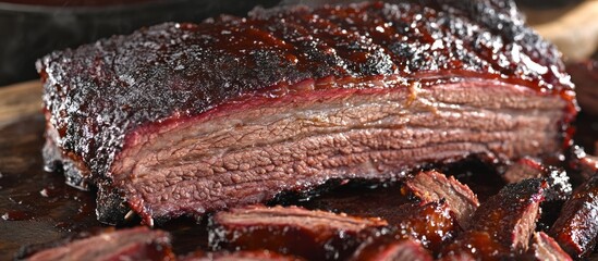 Close-up of delicious smoked beef brisket with crust, presented on wooden cutting board