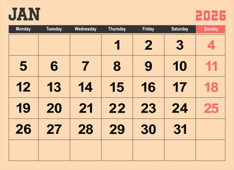 2026 calendar page design vector illustration. The week start on monday