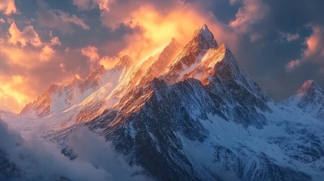 Majestic snow-capped mountain range illuminated by the glow of the sunset clouds