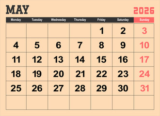 2026 calendar page design vector illustration. The week start on monday