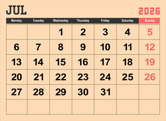 2026 calendar page design vector illustration. The week start on monday