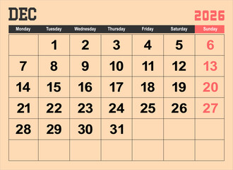 2026 calendar page design vector illustration. The week start on monday