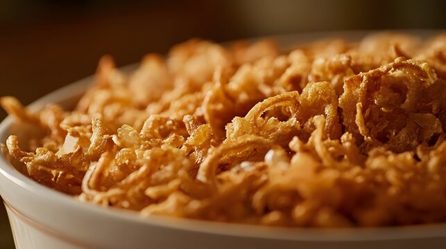 Close-up view of crispy fried onion strings.
