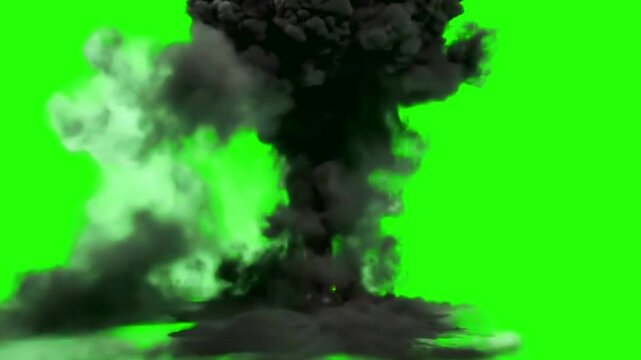 4K Video of an Explosive Plume on Chroma Key: Ominous black smoke billows upwards, an impressive plume of power and destruction set against a vibrant green screen for versatile compositing.