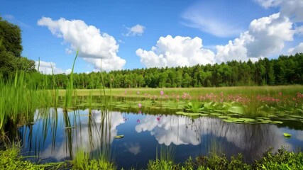 Lush wetland scenery featuring reflections of cumulus clouds and a forest in the clear water surface. - Powered by Adobe