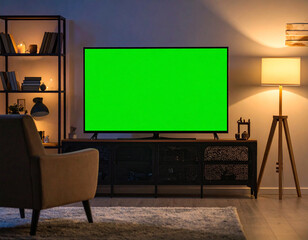 TV with Horizontal Green Screen Mock Up in Cozy Living Room During Relaxing Evening

