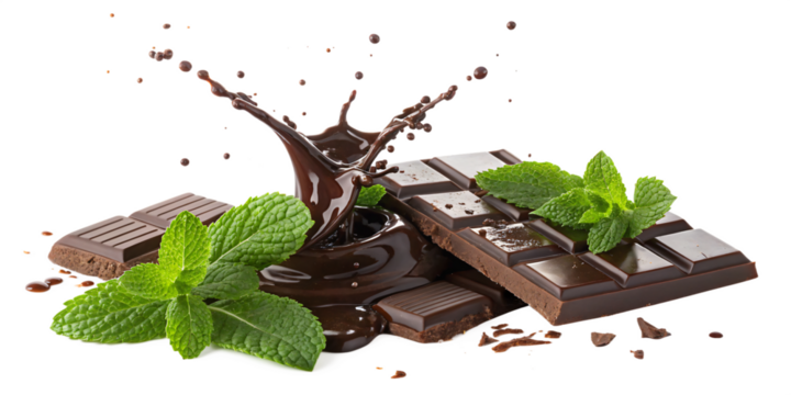 liquid chocolate and mint leaves splash, isolated PNG transparent background