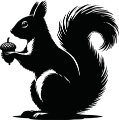 Silhouette of a squirrel sitting and holding an acorn, autumn theme, isolated vector on white background