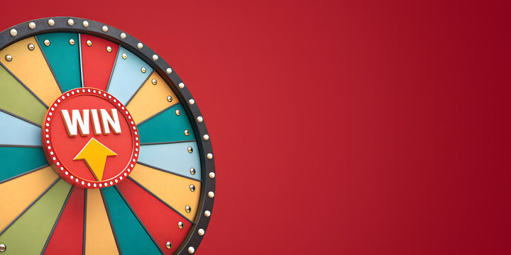 Close-Up of Multicolor Wheel of Fortune with Win Text