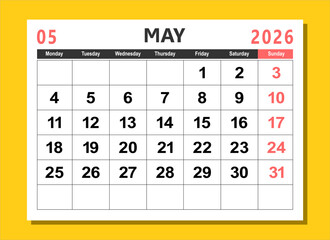 2026 calendar page design vector illustration. The week start on monday