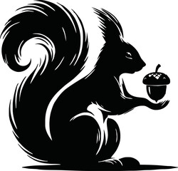 Silhouette of a squirrel sitting and holding an acorn, autumn theme, isolated vector on white background