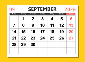 2026 calendar page design vector illustration. The week start on monday