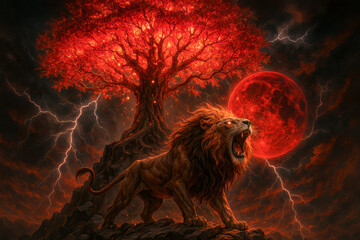 Lion of Judah Roars Beneath the Tree of Life and Blood Moon – Biblical Power Unleashed