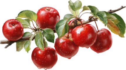  Fresh red apples realistically depicted hanging on transparent background