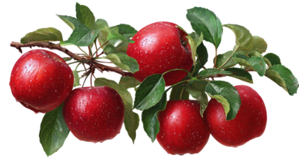 Fresh red apples realistically depicted hanging on transparent background