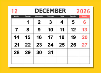 2026 calendar page design vector illustration. The week start on monday