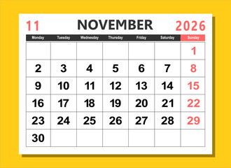 2026 calendar page design vector illustration. The week start on monday