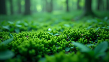 Close-up of Lush Green Ground Cover in Woodland Setting