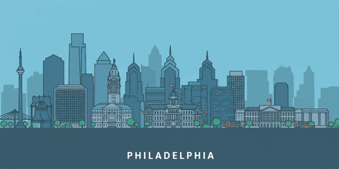 Naklejka premium Philadelphia Skyline Vector in Flat Minimalist Style