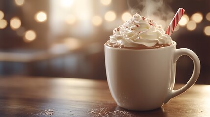 A steaming mug of hot chocolate topped with whipped cream and a candy cane.