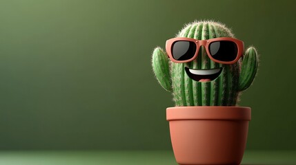 Happy cactus with sunglasses and a smiling mouth in a terracotta pot, green backdrop
