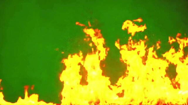 4K Video of an awe-inspiring display of fiery flames dances and flickers against a vibrant green backdrop, a captivating and potentially dangerous scene. 