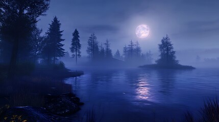 Fototapeta premium Serene night lake scene with a glowing full moon and misty reflections on the water.