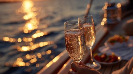 Romantic Sunset Champagne Toast Luxury Yacht Celebration Golden Hour Sparkling Wine Elegant Drinks Festive Occasion Cheers Celebration Luxury Lifestyle Summer Vacation Travel      