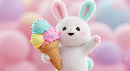 Adorable 3D Render of a Fluffy Bunny Holding a Delicious Ice Cream Cone