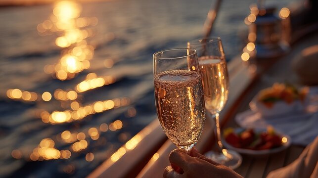 Romantic Sunset Champagne Toast Luxury Yacht Celebration Golden Hour Sparkling Wine Elegant Drinks Festive Occasion Cheers Celebration Luxury Lifestyle Summer Vacation Travel      