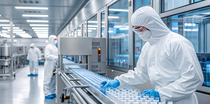 Scientists in protective suits working in pharmaceutical lab